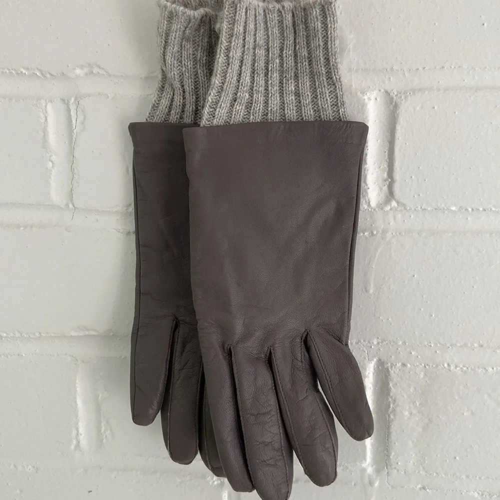 Womens Banana Republic Grey Leather Winter Driving Gloves Ribbed Knitted Cuff